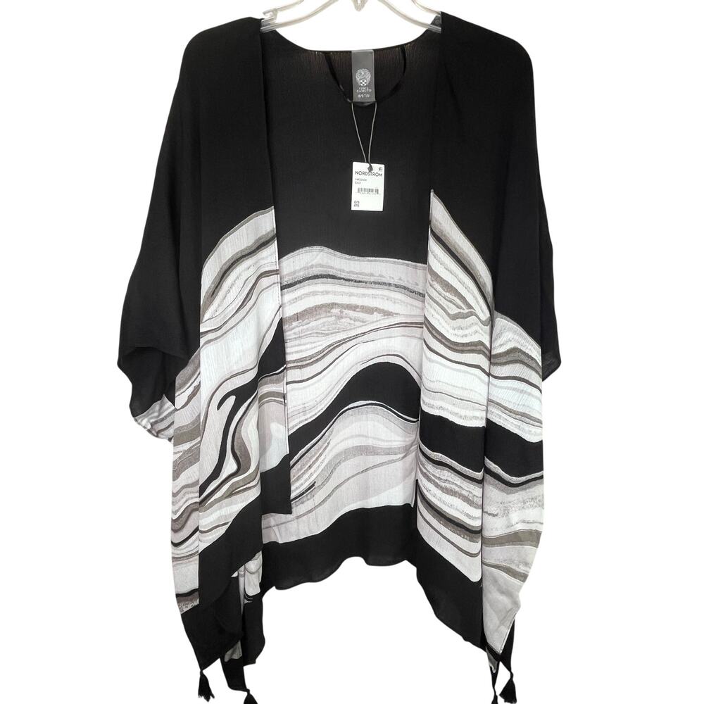 Vince Camuto flowy open front topper, black/white wave, size O/S, NWT